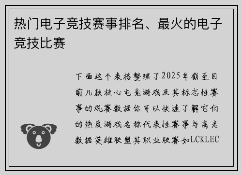 热门电子竞技赛事排名、最火的电子竞技比赛